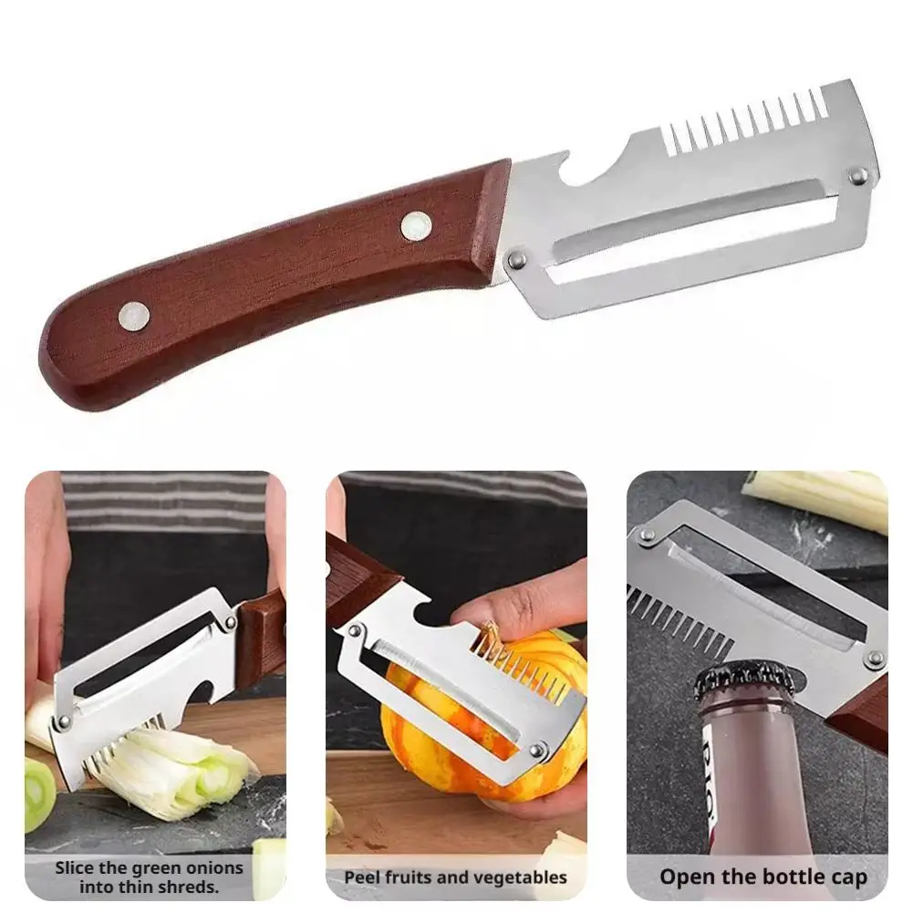 5-in-1 Serrated Peeling Knife Premium Vegetable Peeler With Wooden Handle And Bottle Opener Kitchen Tool