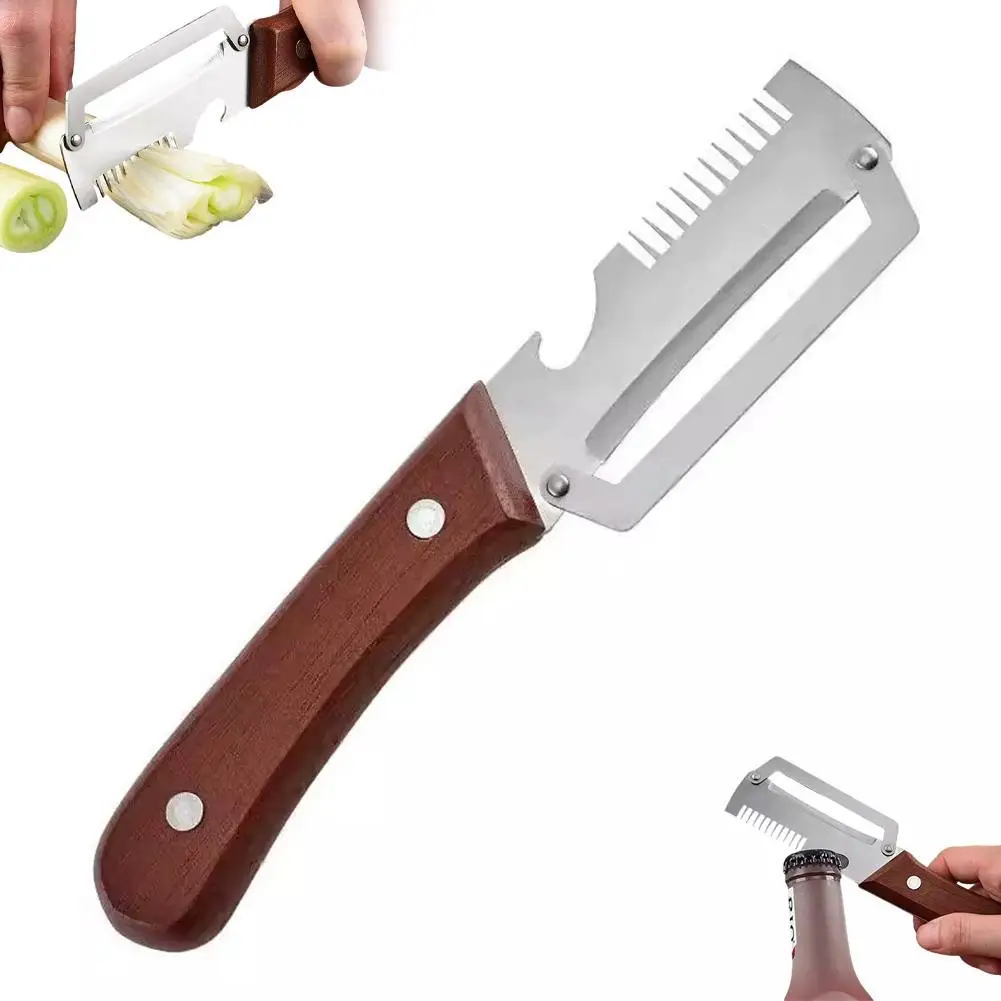5-in-1 Serrated Peeling Knife Premium Vegetable Peeler With Wooden Handle And Bottle Opener Kitchen Tool