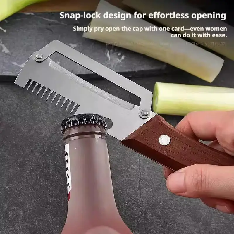 5-in-1 Serrated Peeling Knife Premium Vegetable Peeler With Wooden Handle And Bottle Opener Kitchen Tool
