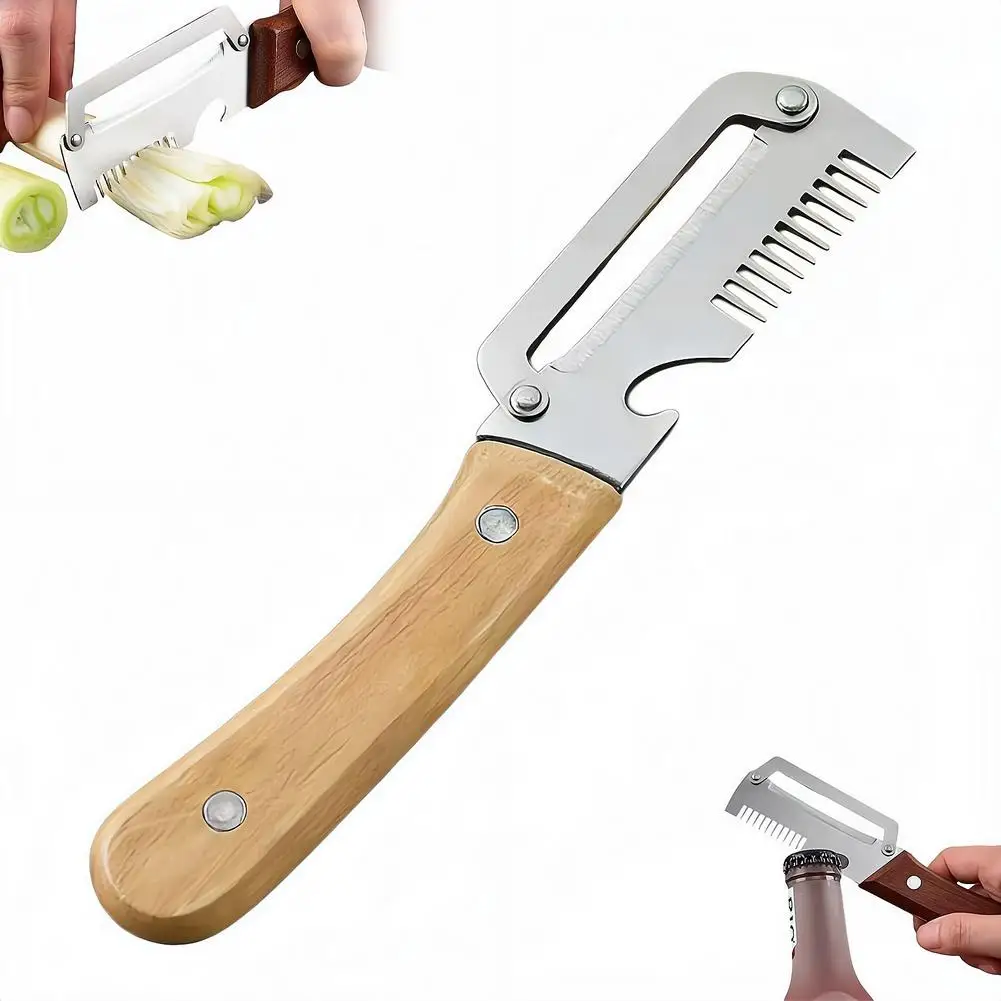 5-in-1 Serrated Peeling Knife Premium Vegetable Peeler With Wooden Handle And Bottle Opener Kitchen Tool