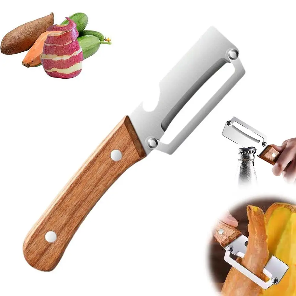 5-in-1 Serrated Peeling Knife Premium Vegetable Peeler With Wooden Handle And Bottle Opener Kitchen Tool