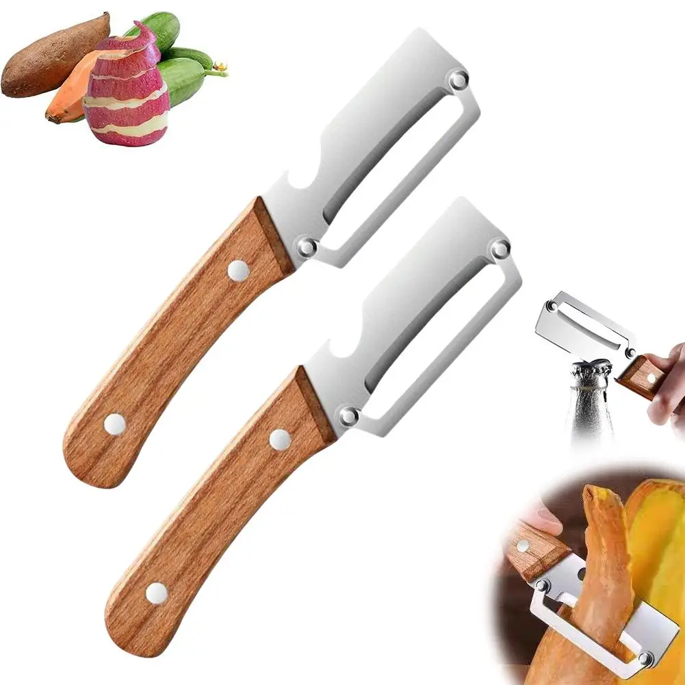 5-in-1 Serrated Peeling Knife Premium Vegetable Peeler With Wooden Handle And Bottle Opener Kitchen Tool