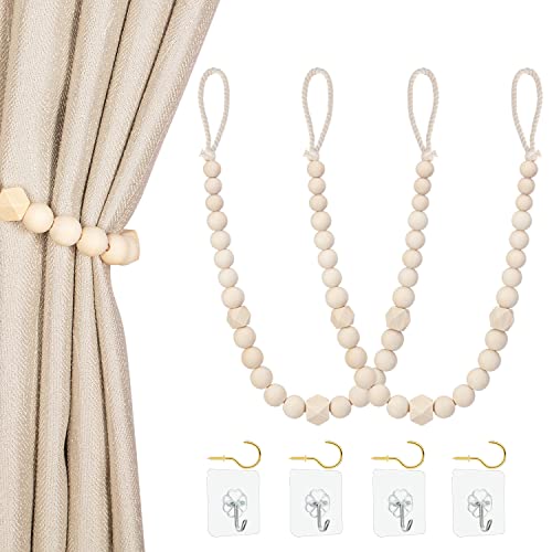 KLOGTSIND Magnetic Curtain Tiebacks, Curtain Holdbacks for Curtains 2 Pack, Wood Bead Curtain Holders for Boho Bedroom Decor, Baby Nursery Decor, Farmhouse Decor