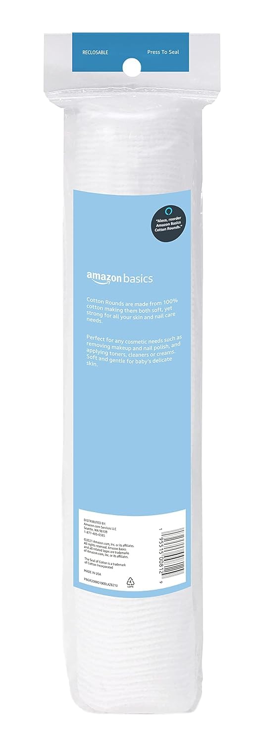 Amazon Basics Hypoallergenic Cotton Rounds for Makeup Removal and Skincare, 100 Count, 1 Pack