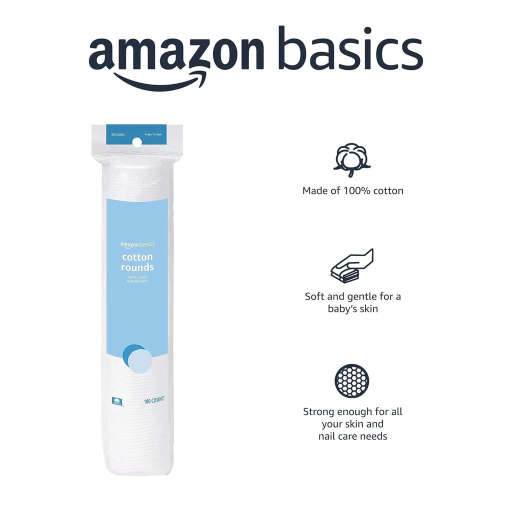 Amazon Basics Hypoallergenic Cotton Rounds for Makeup Removal and Skincare, 100 Count, 1 Pack