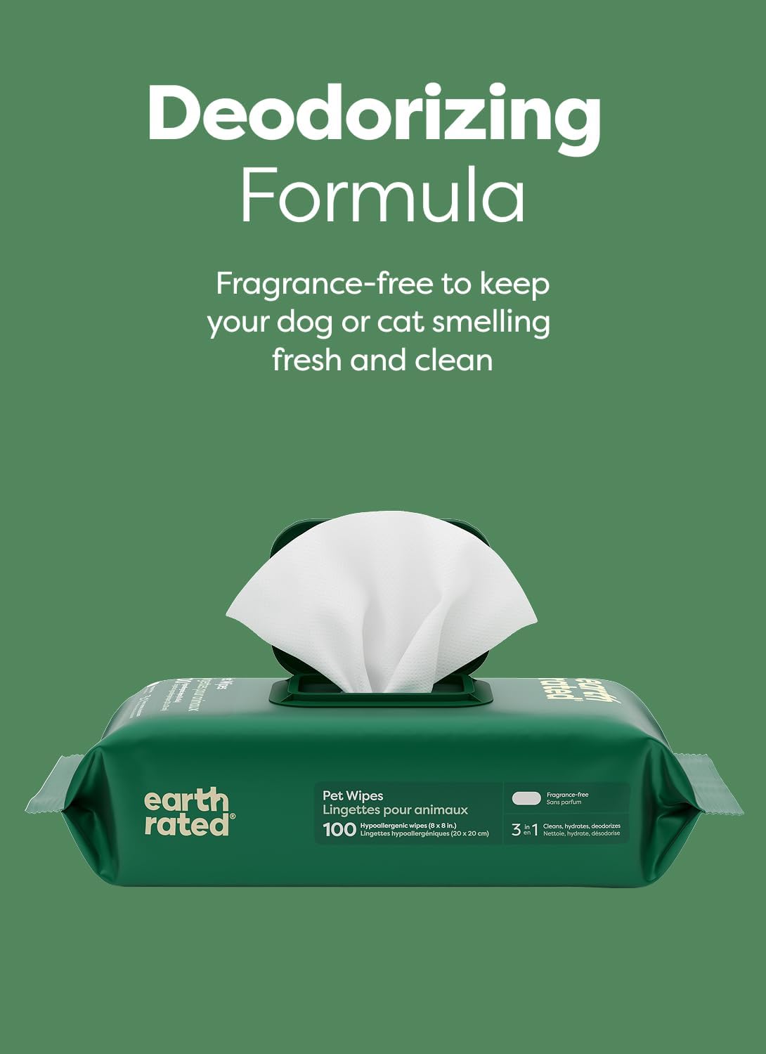 Earth Rated Pet Wipes for Dogs and Cats, Hypoallergenic, 3-in-1 Cleaning, Deodorizing and Hydrating, for Grooming Paws, Body and Butt, Unscented, 100 Count