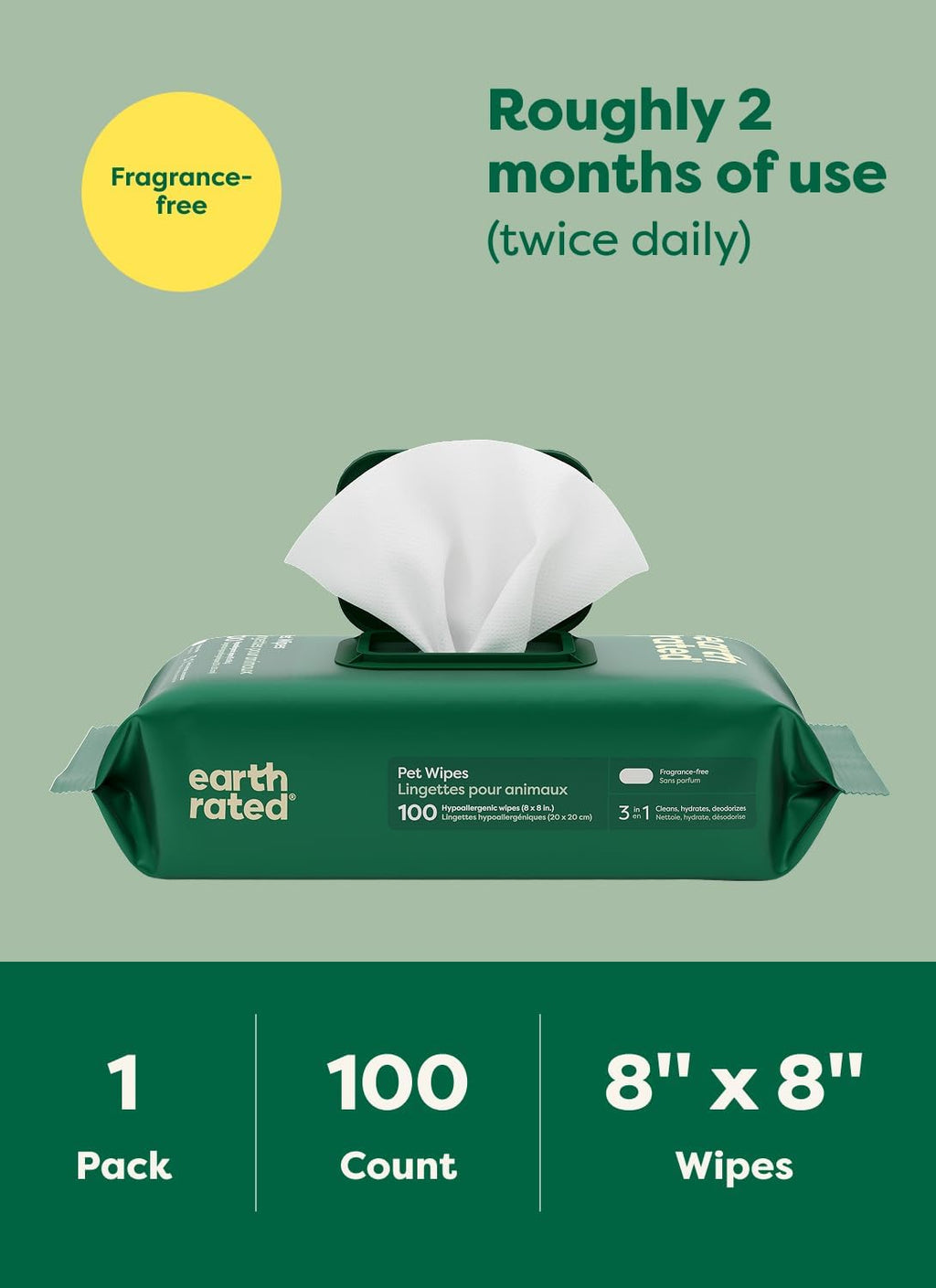 Earth Rated Pet Wipes for Dogs and Cats, Hypoallergenic, 3-in-1 Cleaning, Deodorizing and Hydrating, for Grooming Paws, Body and Butt, Unscented, 100 Count
