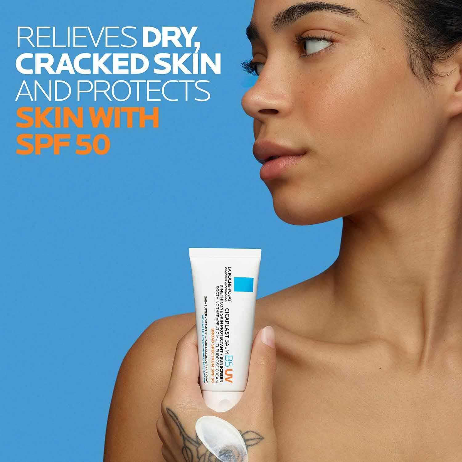 La Roche-Posay Cicaplast Balm B5 UV SPF 50, Vitamin B5 + Shea Butter + Tribioma + Madecassoside + Zinc Oxide Sunscreen, Post Treatment Skin Protectant With SPF, Multi-Purpose Cream For Dry Skin