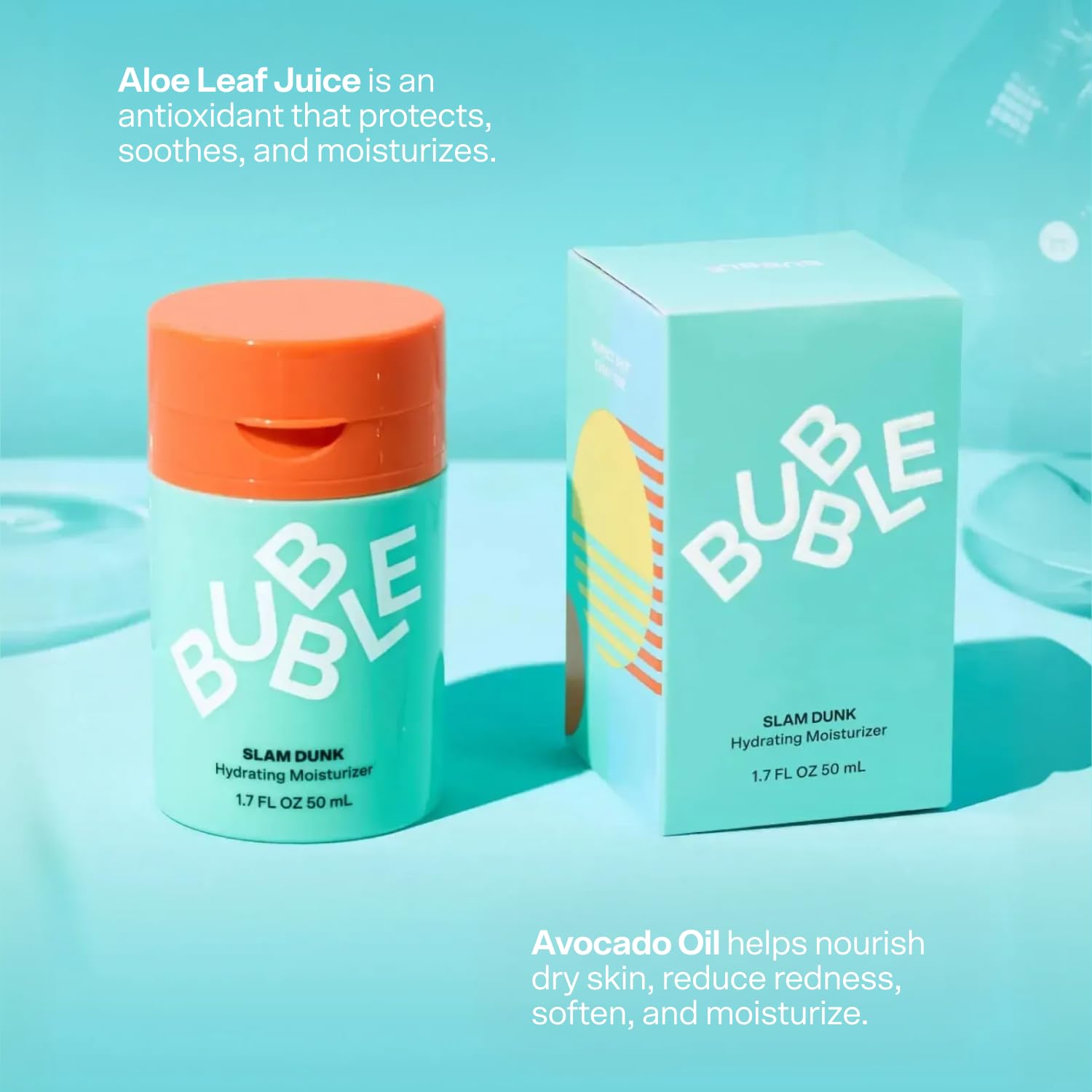 Bubble Skincare Slam Dunk Hydrating Face Moisturizer - Travel Size Lightweight Face Lotion with Vitamin E + Aloe Vera - Daily Facial Moisturizer for Normal + Dry Skin with Blue Light Protection (50ml)