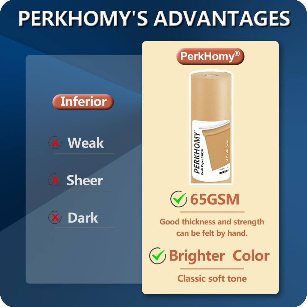 PerkHomy Brown Kraft Paper Roll 17.5" x 1,200" (100') for Gift Wrapping Bulletin Board Craft Art Bouquet Flower Packing Valentines Easel Moving Shipping Floor Poster Covering Table 70GSM 50LB