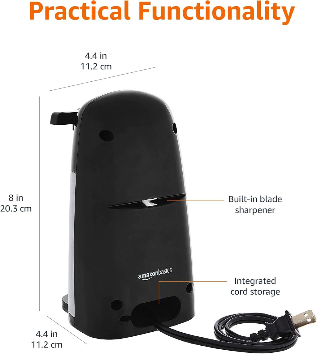 Amazon Basics 3-In-1 Electric Can Opener, Bottle Opener and Knife Sharpener with Stainless Steel Blade, Magnetic Lid Holder, Safe, Easy to Use, Powerful, Sleek Design, 50W, Black