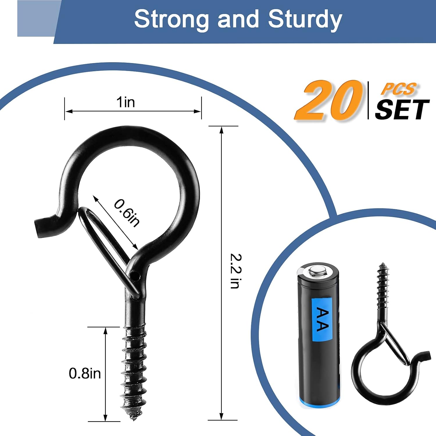ADIIL 20 PCS Q Hanger Hooks with Safety Buckle, Windproof Screw Hooks for Hanging Outdoor String Lights, Plants, Christmas Patio Lights, 2.2 Inches, Black