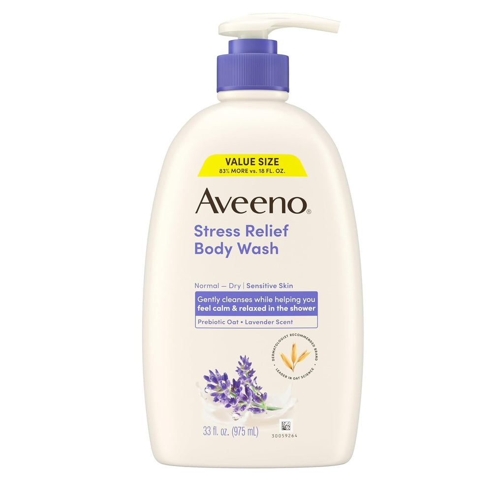 Aveeno Stress Relief Body Wash for Women, Calming Lavender Scent & Prebiotic Oat, Cleanser for Sensitive Dry Skin, Paraben, Dye & Soap-Free, 33 Fl Oz