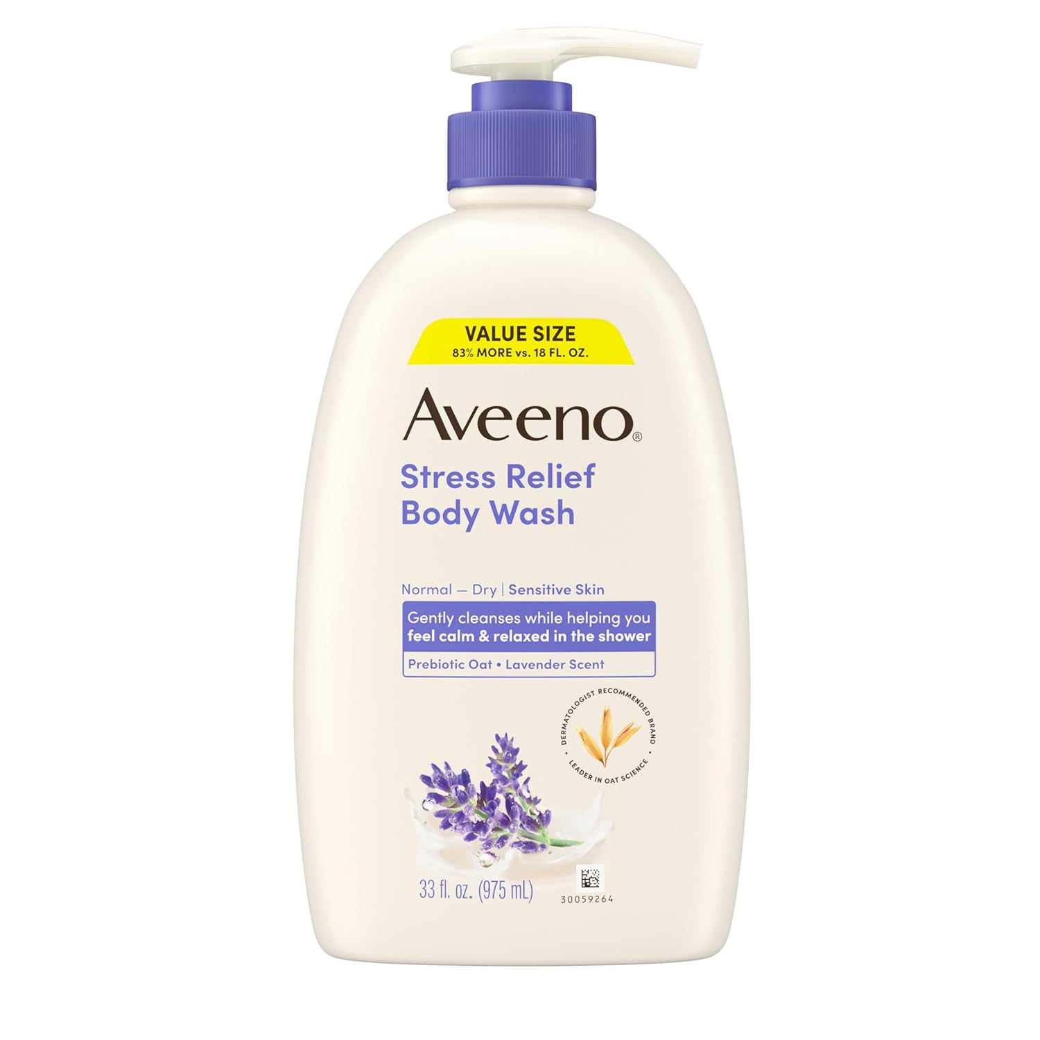 Aveeno Stress Relief Body Wash for Women, Calming Lavender Scent & Prebiotic Oat, Cleanser for Sensitive Dry Skin, Paraben, Dye & Soap-Free, 33 Fl Oz