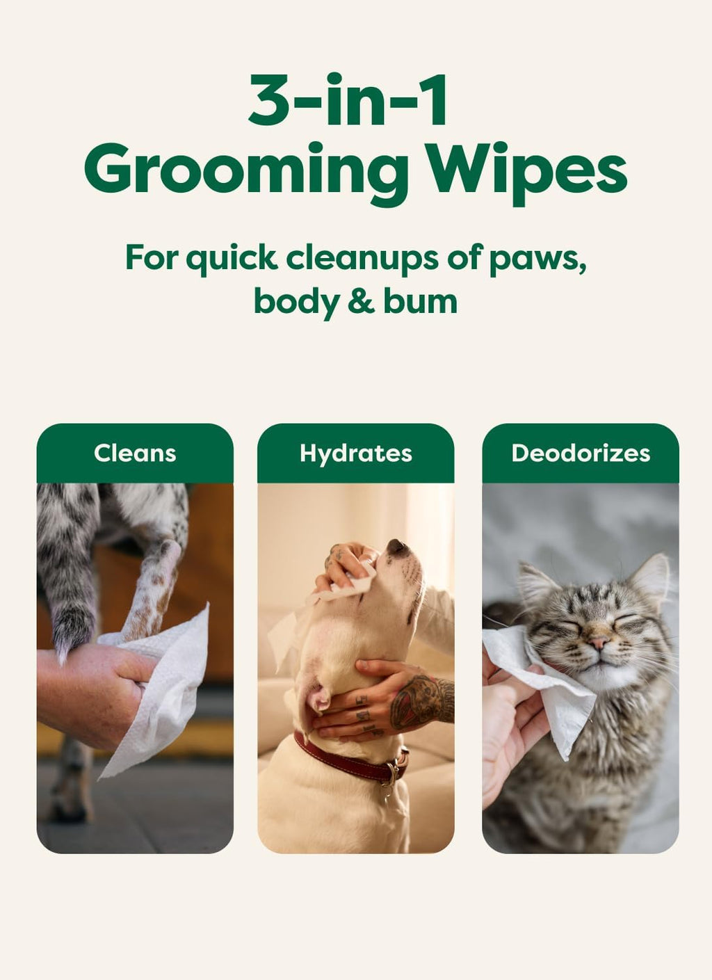 Earth Rated Pet Wipes for Dogs and Cats, Hypoallergenic, 3-in-1 Cleaning, Deodorizing and Hydrating, for Grooming Paws, Body and Butt, Unscented, 100 Count
