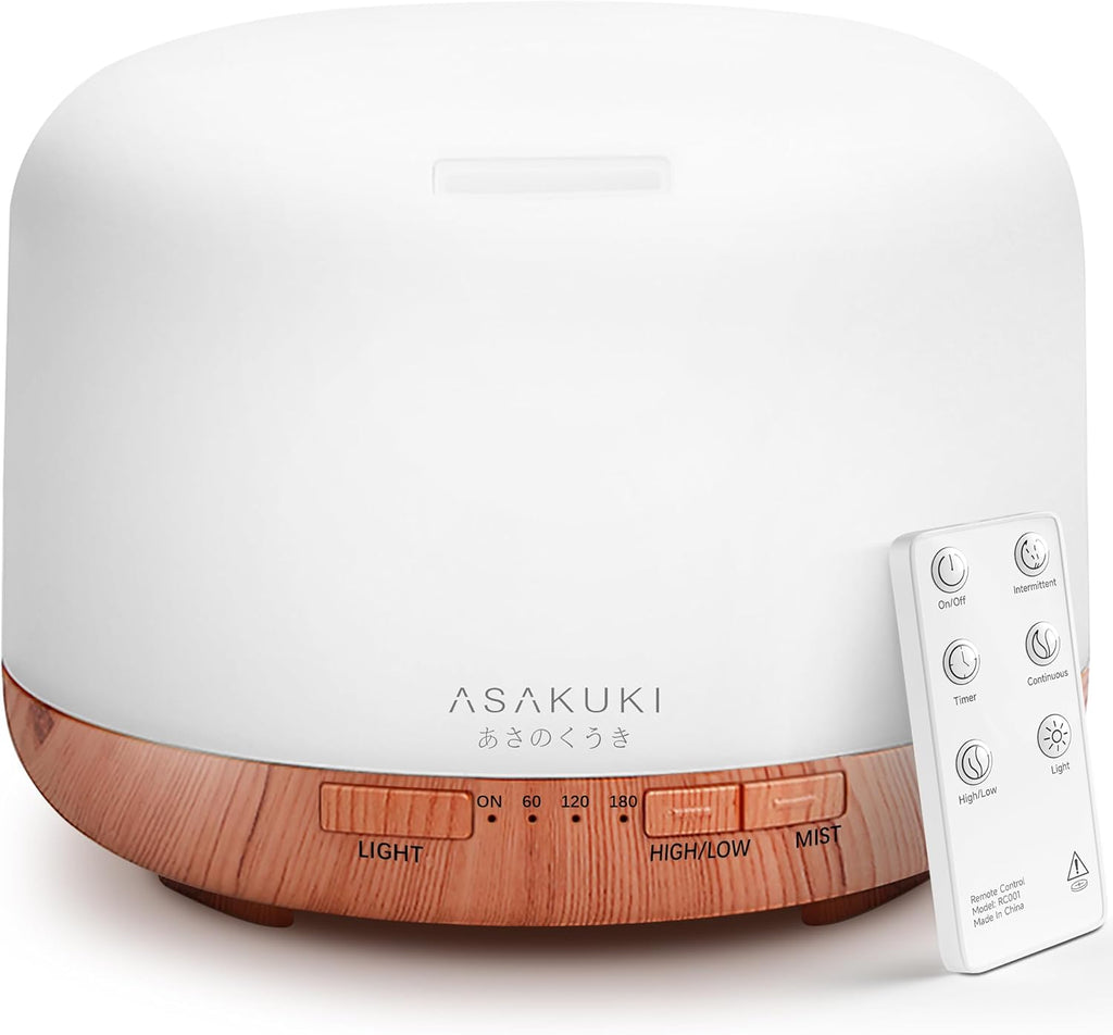 ASAKUKI Essential Oil Diffuser for Home, 500ML Aromatherapy Diffuser Humidifier with Remote Control, 7 Color LED Lights, Quiet Cool Mist Diffuser for Bedroom, Office, Gift for Mom (Yellow)