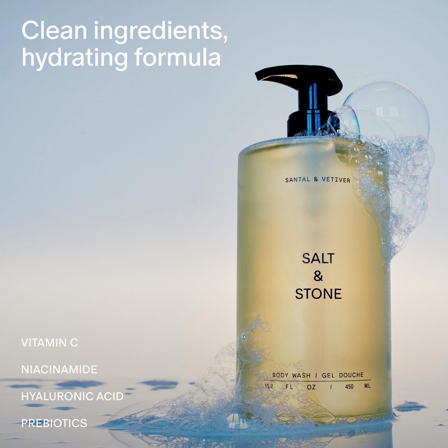 Salt & Stone Body Wash with Antioxidants for Deep Moisture | For Women & Men, Sulfate, Paraben, & Dye Free, Leaving Skin Soft and Hydrated | Santal & Vetiver 15.2 fl oz