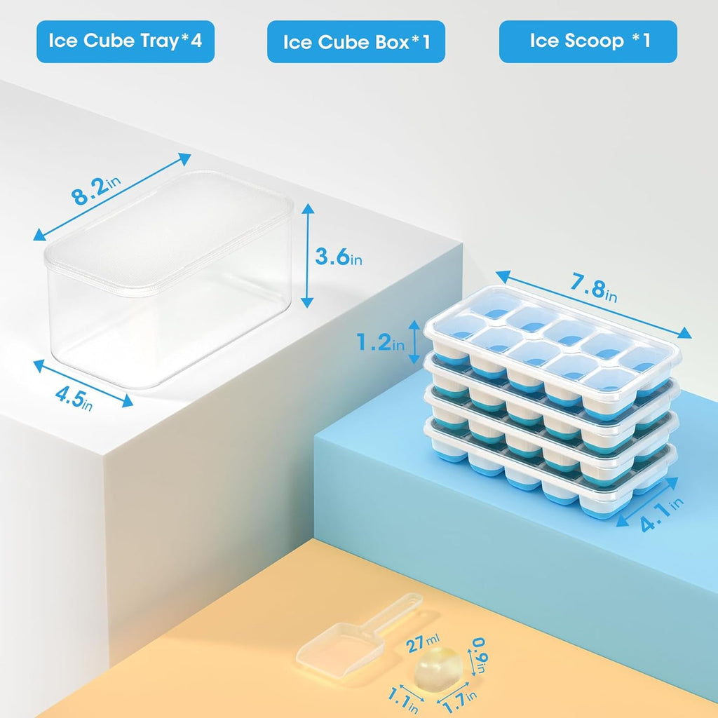 DOQAUS Ice Cube Tray with Lid and Bin - 4 Pack Silicone Ice Cube Trays for Freezer, Stackable Ice Bucket Kits with Storage Container & Scoop for Kitchen, RV, Cocktail, Coffee