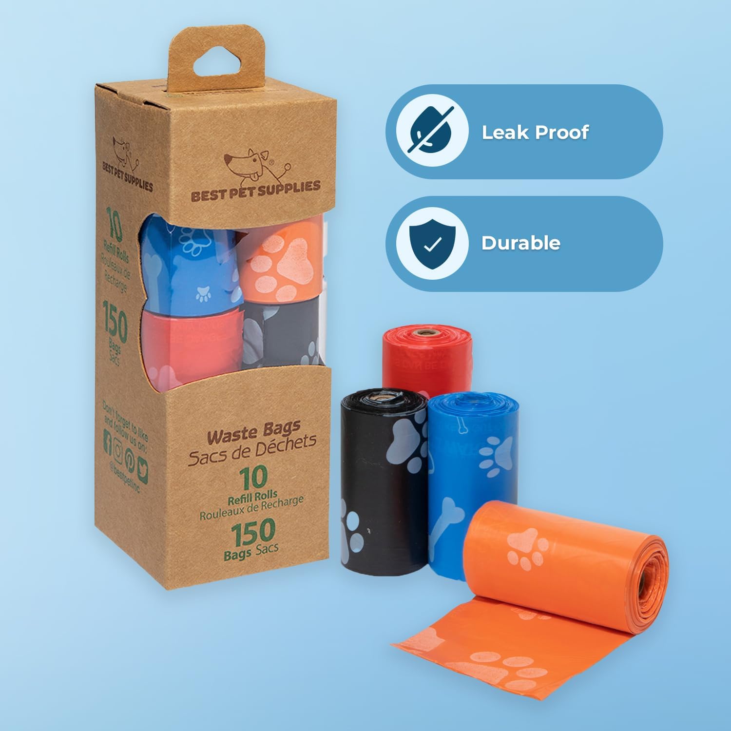 Best Pet Supplies Dog Poop Bags for Waste Refuse Cleanup, Doggy Roll Replacements for Outdoor Puppy Walking and Travel, Leak Proof and Tear Resistant, Thick Plastic - Assorted, 150 Bags