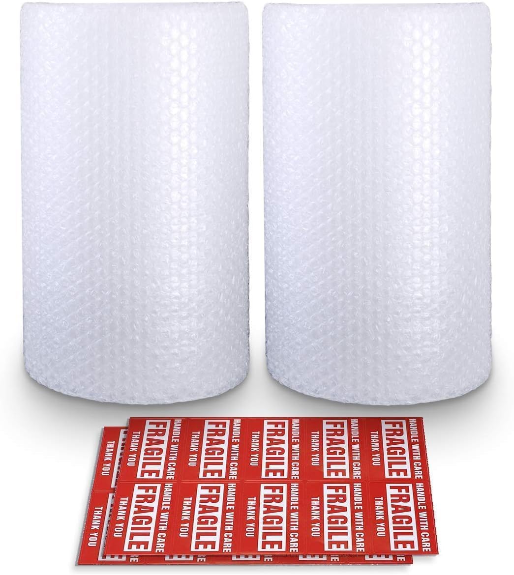 Bubble Cushioning Wrap Rolls, 3/16" x 12" x 72' ft Total [2 Rolls of 36 Feet] Perforated Every 12", 20 Fragile Stickers for Packaging, Shipping, Mailing