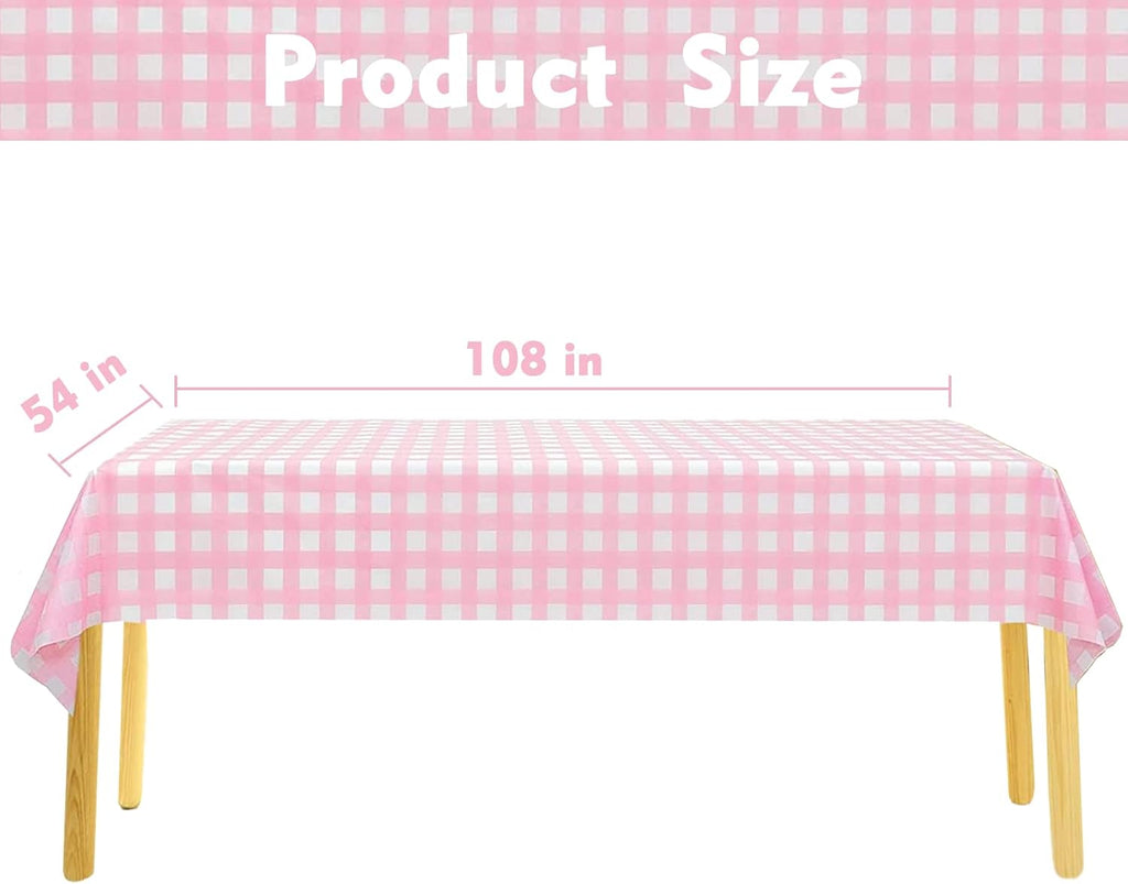 Kesfey 3 Packs Pink Gingham Tablecloth Pink and White Checkered Tablecloths 54 x 108 Inches Disposable Plastic Gingham Tablecovers Waterproof Rectangle Picnic Table Covers for Birthday Party Supplies