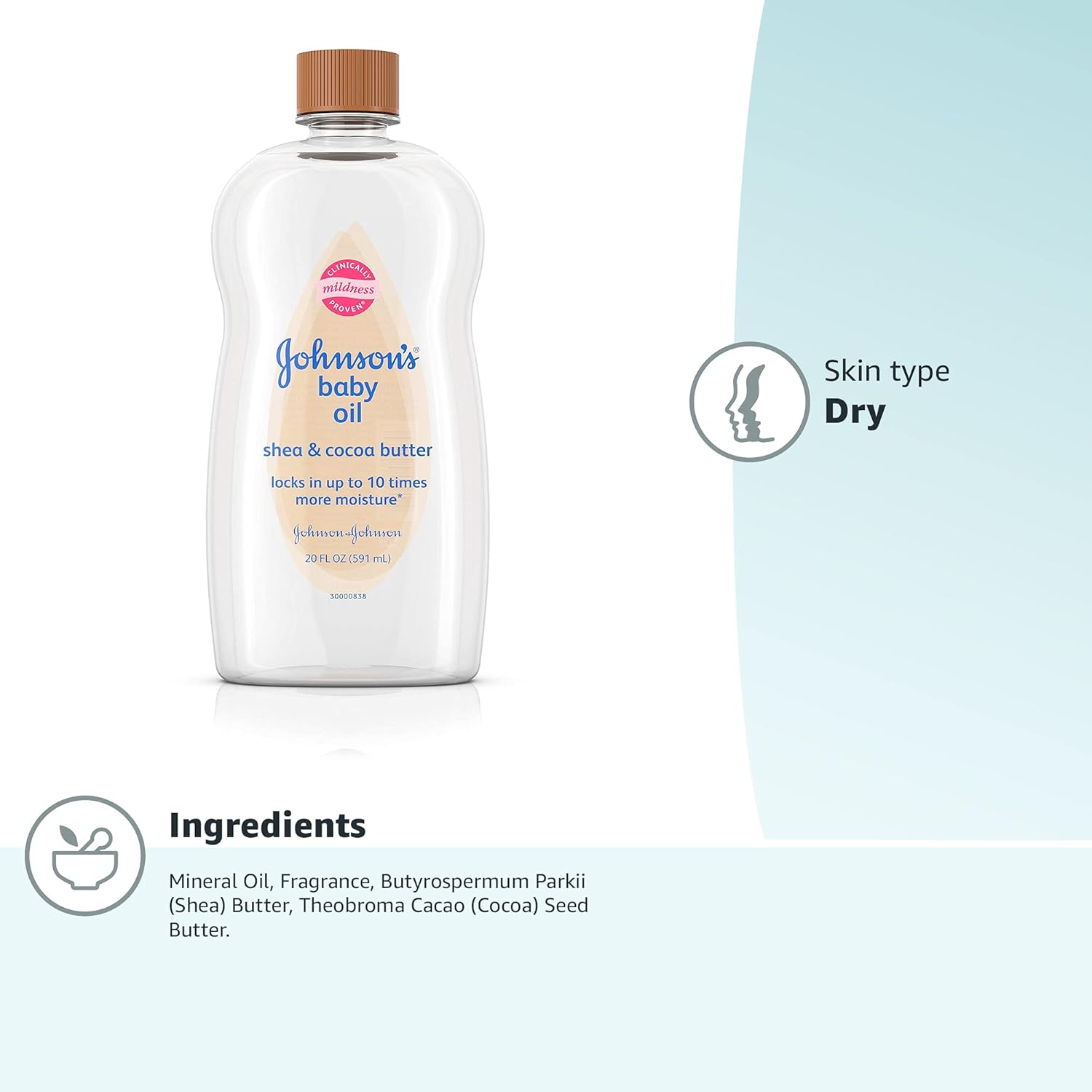 Johnson's Baby Oil, Mineral Oil Enriched with Shea & Cocoa Butter to Prevent Moisture Loss, Hypoallergenic, 20 fl. oz