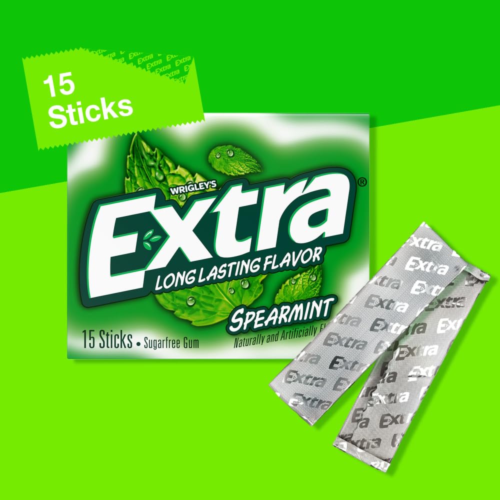 Extra Gum Spearmint Sugarfree Gum Bulk, Individually Wrapped, Perfect for Long Lasting Fresh Breath at School, Work & Travel 15 Count, Pack of 10