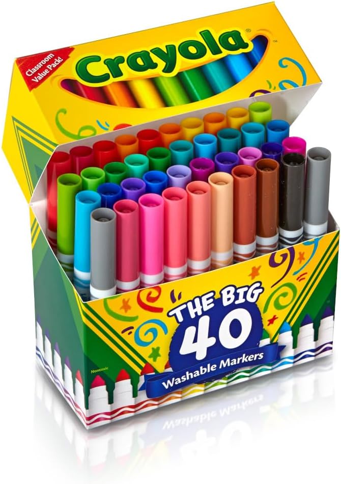 Crayola Ultra Clean Washable Markers (40ct), Broad Line Colored Markers for Kids, Coloring Book & Art Marker Set, Gifts for Kids. Ages 3+