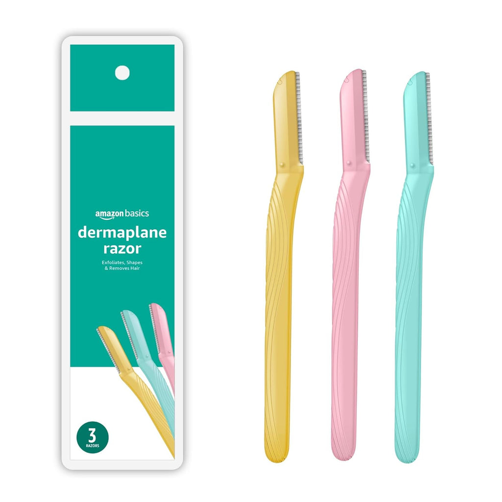 Amazon Basics Women's Dermaplaning Tool, Peach Fuzz Remover, Facial Hair Removal, Exfoliating Face Razor with Microguard Blade for Safe Eyebrow Shaping, Includes Blade Cover, Multicolor, 3 Count