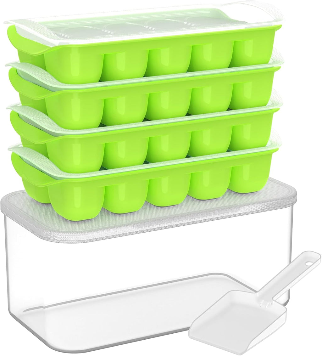 DOQAUS Ice Cube Tray with Lid and Bin - 4 Pack Ice Bucket Kits, Stackable Silicone Ice Trays for Freezer, Easy Pop Out, BPA Free for Cocktail, Coffee, Soup, Food, RV, Kitchen