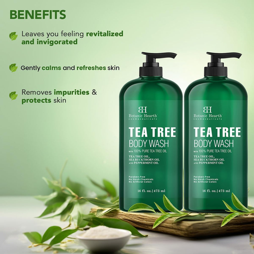 Botanic Hearth Tea Tree Body Wash 16 fl oz (2 Pack) Natural Antifungal & Odor Control Shower Gel for Acne, Athlete’s Foot, Ringworm, Jock Itch, Healthy Skin, Sulfate & Paraben Free, for Men & Women