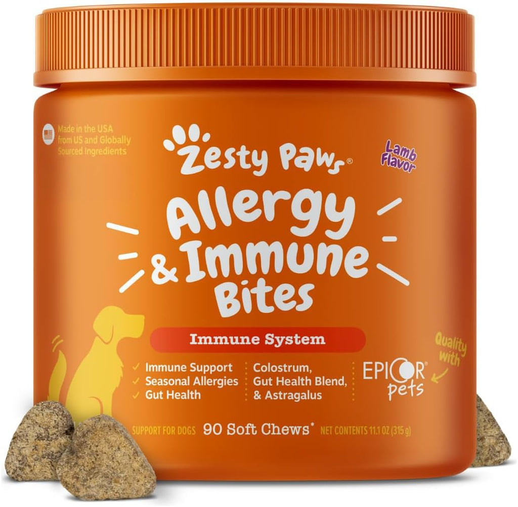 Zesty Paws Allergy Immune Bites - Dog Allergy Chews, Dog Probiotics for Itchy Skin and Ears, Lamb, 90ct