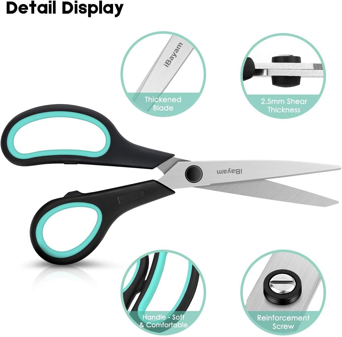 iBayam 3-Pack 8" Heavy Duty Scissors with Ultra Sharp Blades and Comfort Grip Handles - For Office, Home, School, Sewing, and Crafts