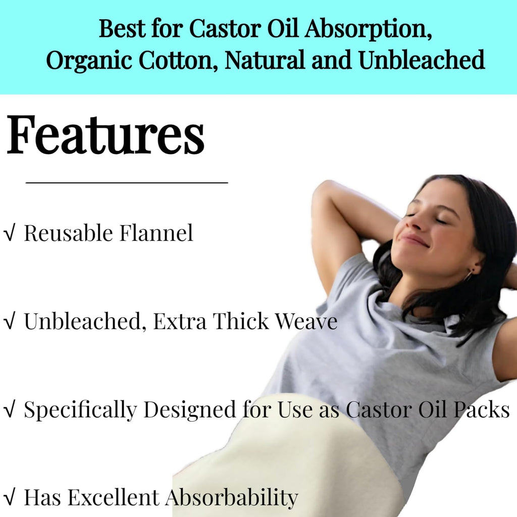 2 Pcs Organic Cotton Flannel for Castor Oil Pack Wrap, Reusable Castor Oil Compress for Stomach, Abdomen, Joints & Other Areas