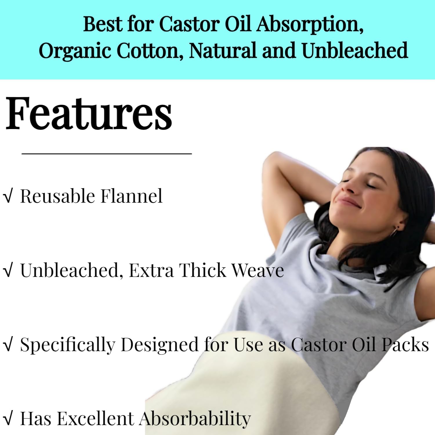 2 Pcs Organic Cotton Flannel for Castor Oil Pack Wrap, Reusable Castor Oil Compress for Stomach, Abdomen, Joints & Other Areas