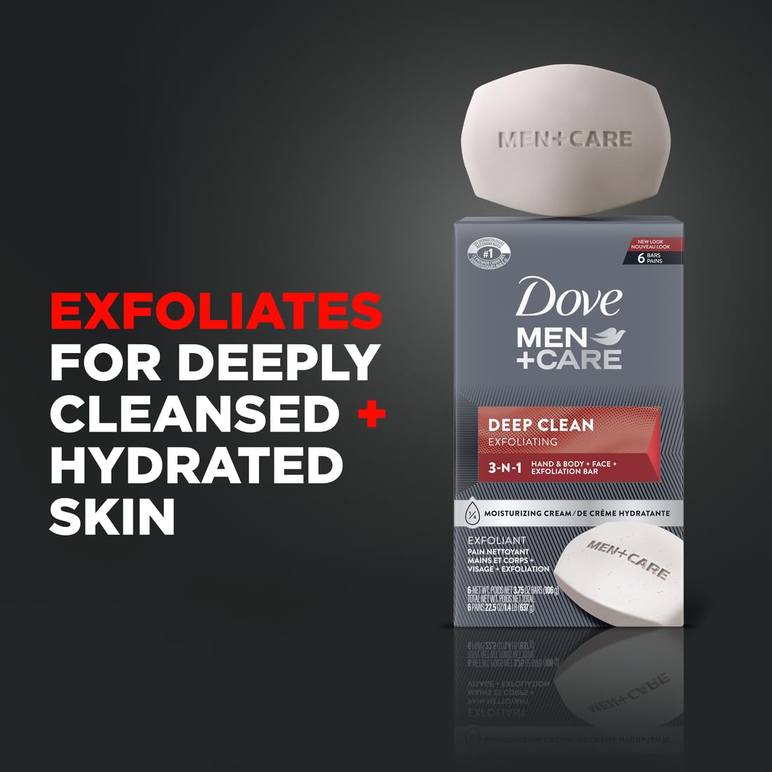 Dove Men + Care Deep Clean Body + Face Bars, Purifying Grains, 3.75 oz, 6 Ct