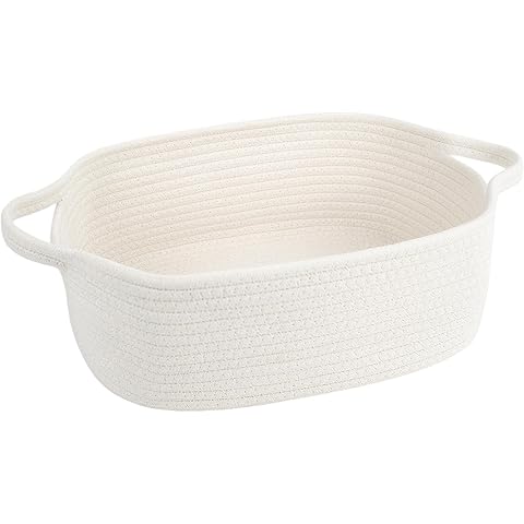 JMvicyroam Woven Basket,Small Rope Storage Bin with Handles & Ribbon Bag, Organizer for Shelves Closets,Gift Basket Empty for Birthday,Books,Dog Toys,White