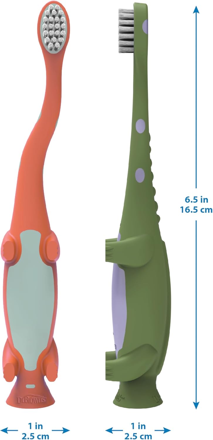 Dr. Brown's Baby and Toddler Toothbrush, Green and Orange Dinosaur 2-Pack, 1-4 Years