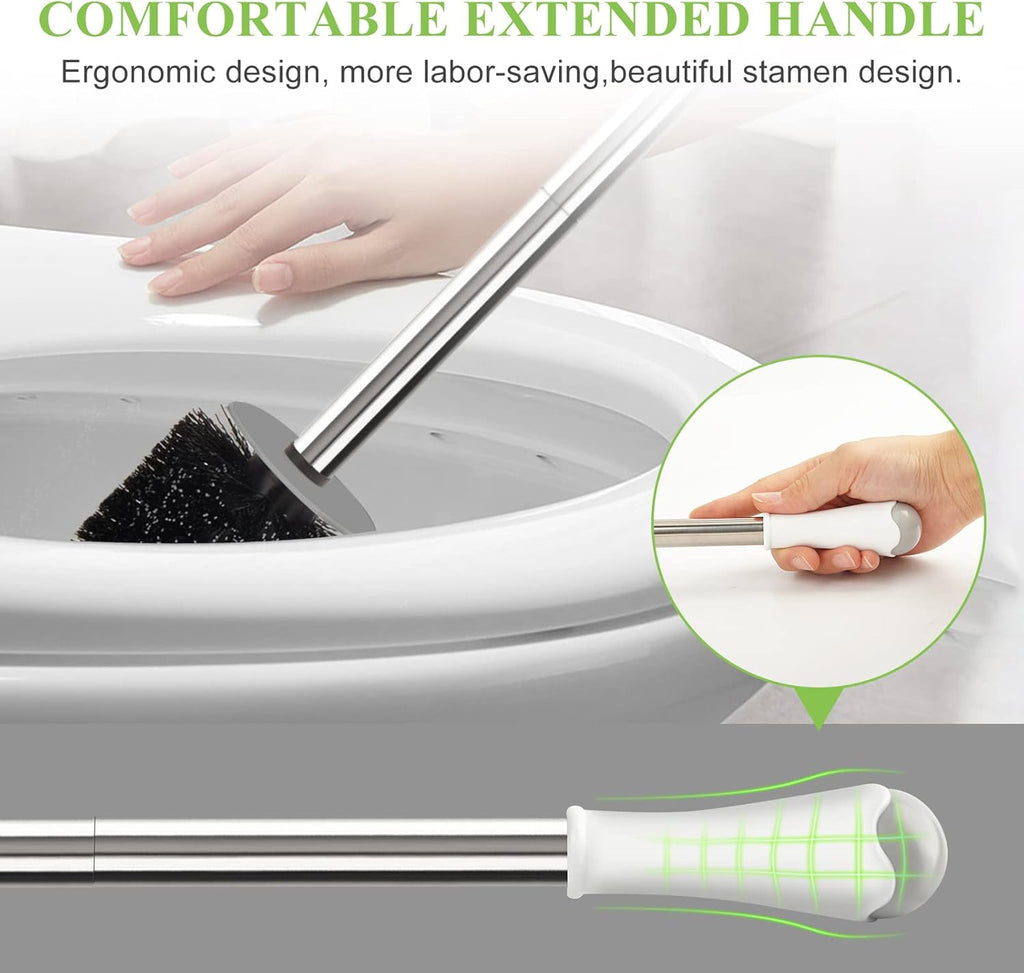 AONEZ Compact Toilet Brush & Holder, Stainless Steel Handle, Space Saving for Storage, Deep Cleaning, Drip-Proof, Easy to Assemble, Nylon Bristles, White & Grey
