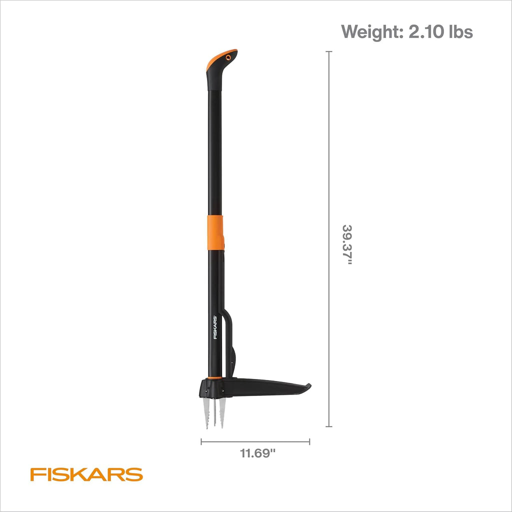 Fiskars Stand-Up Weed Puller Tool, 4 Serrated Stainless Steel Claws Grip Roots for Permanent Removal, Reinforced Foot Platform Penetrates Tough Soil, Easy-Eject & Ergonomic Offset Handle, 39"