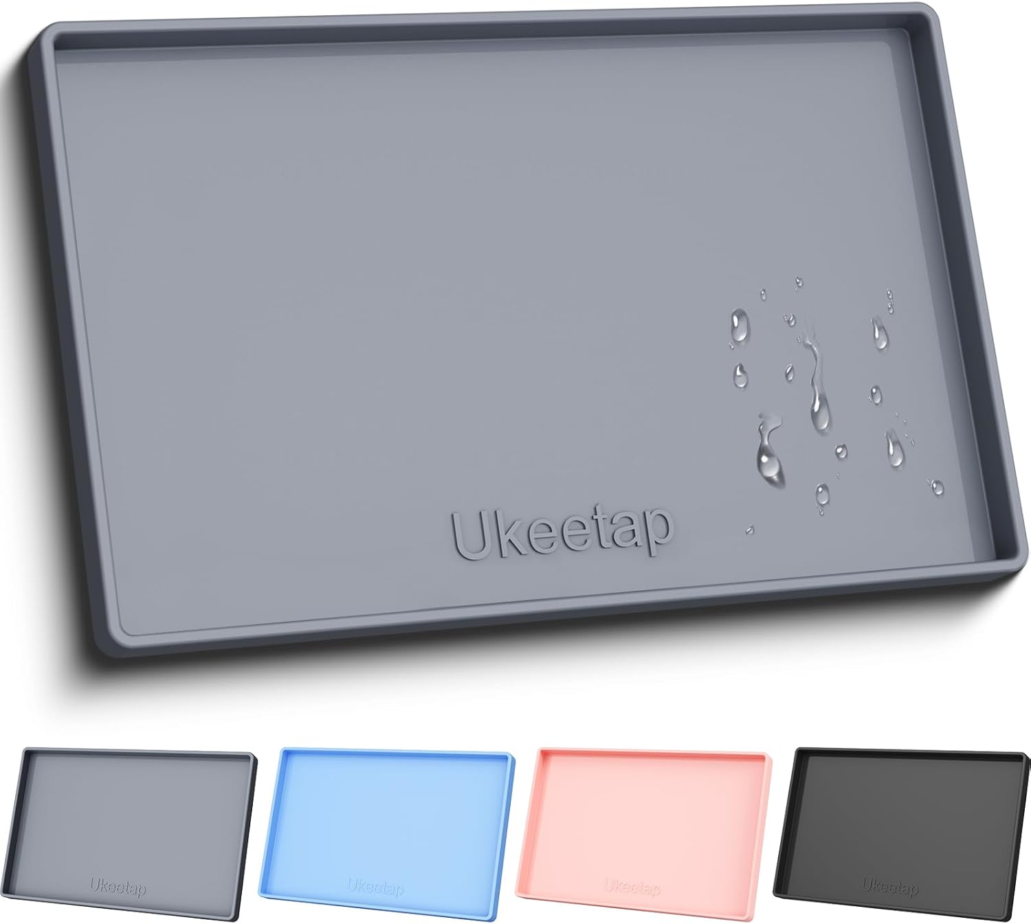 ukeetap Extra Thick Silicone Mat Waterproof with Raised Edge 19” x 12”, BPA Free Non-Slip Dog & Cat Food Mat, Feeding Mat for Food and Water Bowls, Spill Proof Mat to Protect Floors, Gray