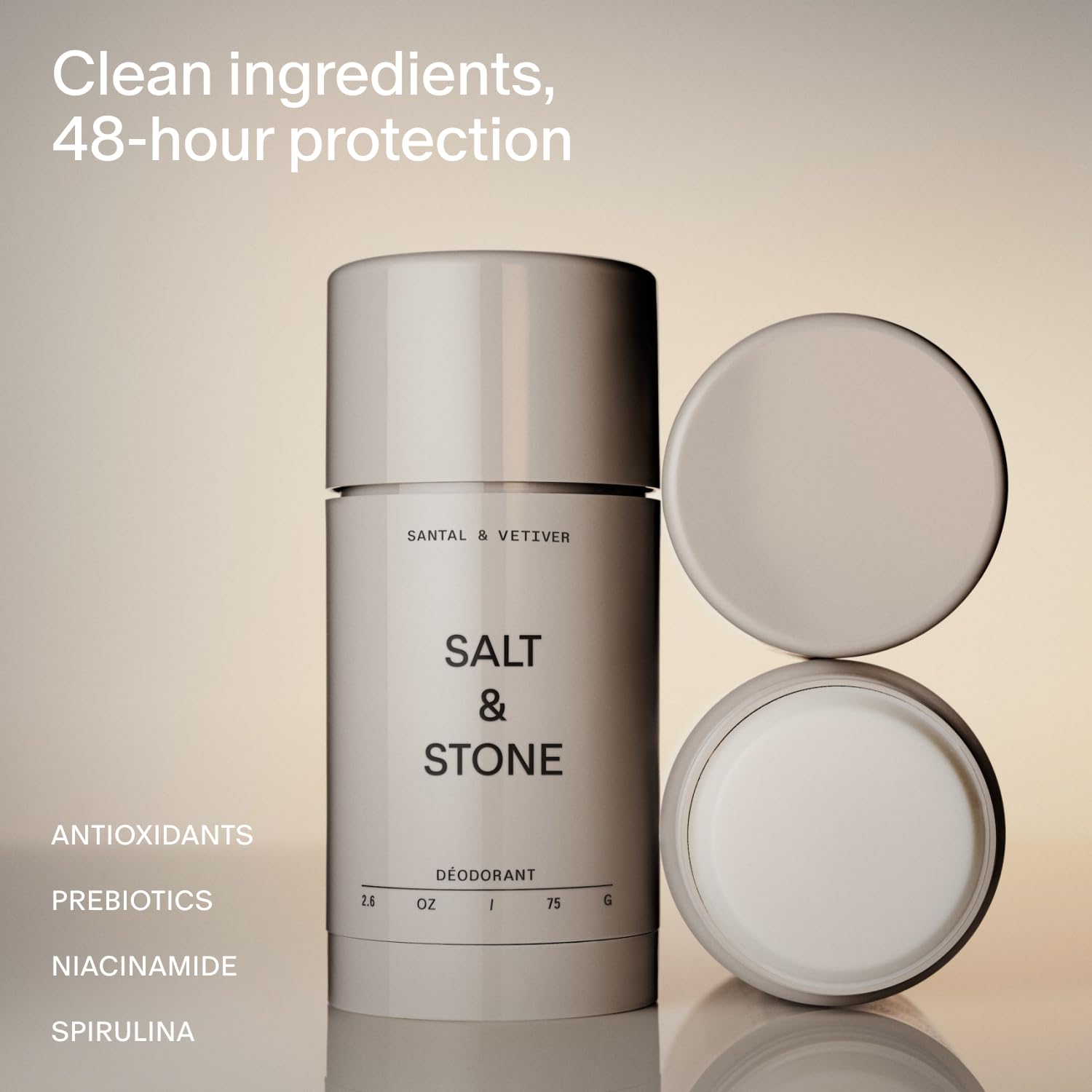 Salt & Stone Aluminum Free Deodorant | Extra Strength 48 Hour Protection for Women & Men | Made with Seaweed Extracts, Niacinamide & Prebiotics | Santal & Vetiver