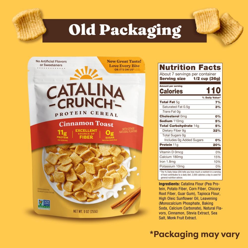 Catalina Crunch Protein Cereal | Sugar Free Breakfast Cereal with 11g of Protein | Gluten Free, Excellent Source of Fiber | Cinnamon Toast - 9 oz. Bag (Pack of 1) (Packaging May Vary)