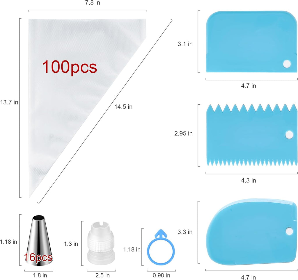 Piping Bags and Tips Set, Cakes Decorating Supplies Kit with 100pcs 12 Inch Pastry Bags, 16 Piping Tips, 3 Cake Scraper, 2 Couplers, 2 Bag Ties, Simple and Convenient Baking Supplies Set