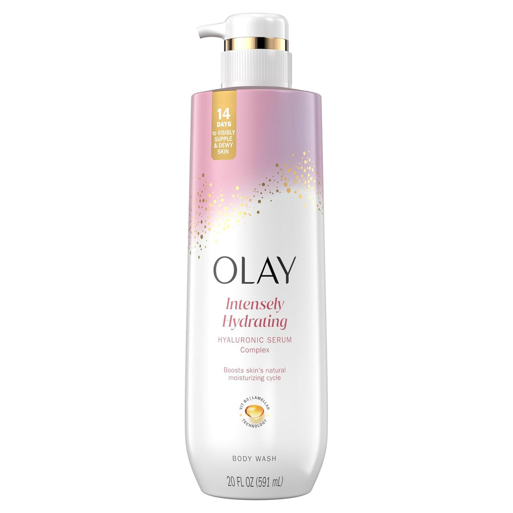Olay Body Wash for Women, Intensely Hydrating, Hyaluronic Acid Serum Complex, Renews Moisture, Free of Parabens & Phthalates, Vitamin B3 Lameller Technology, For All Skin Types, 20 fl oz