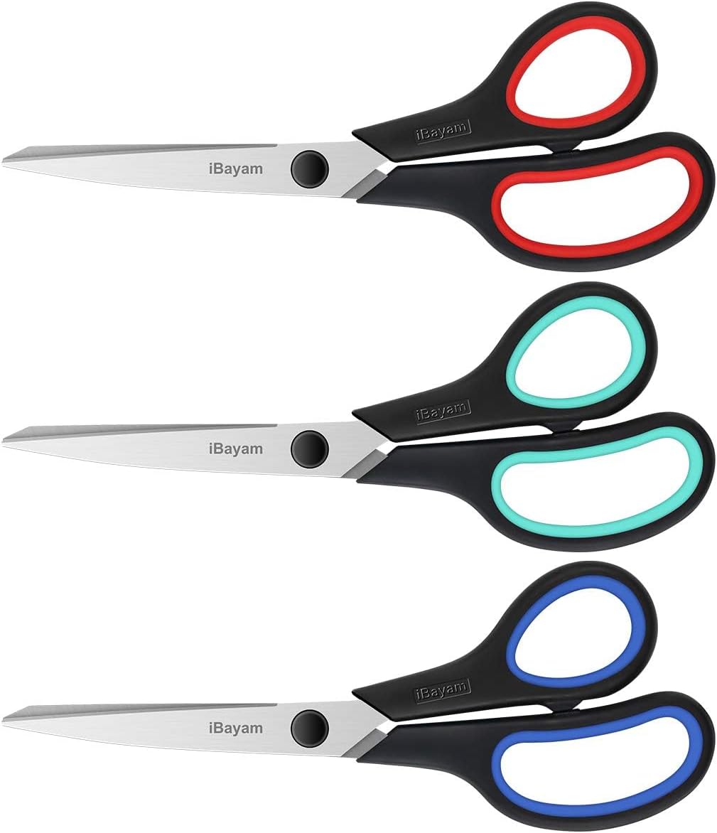 iBayam 3-Pack 8" Heavy Duty Scissors with Ultra Sharp Blades and Comfort Grip Handles - For Office, Home, School, Sewing, and Crafts