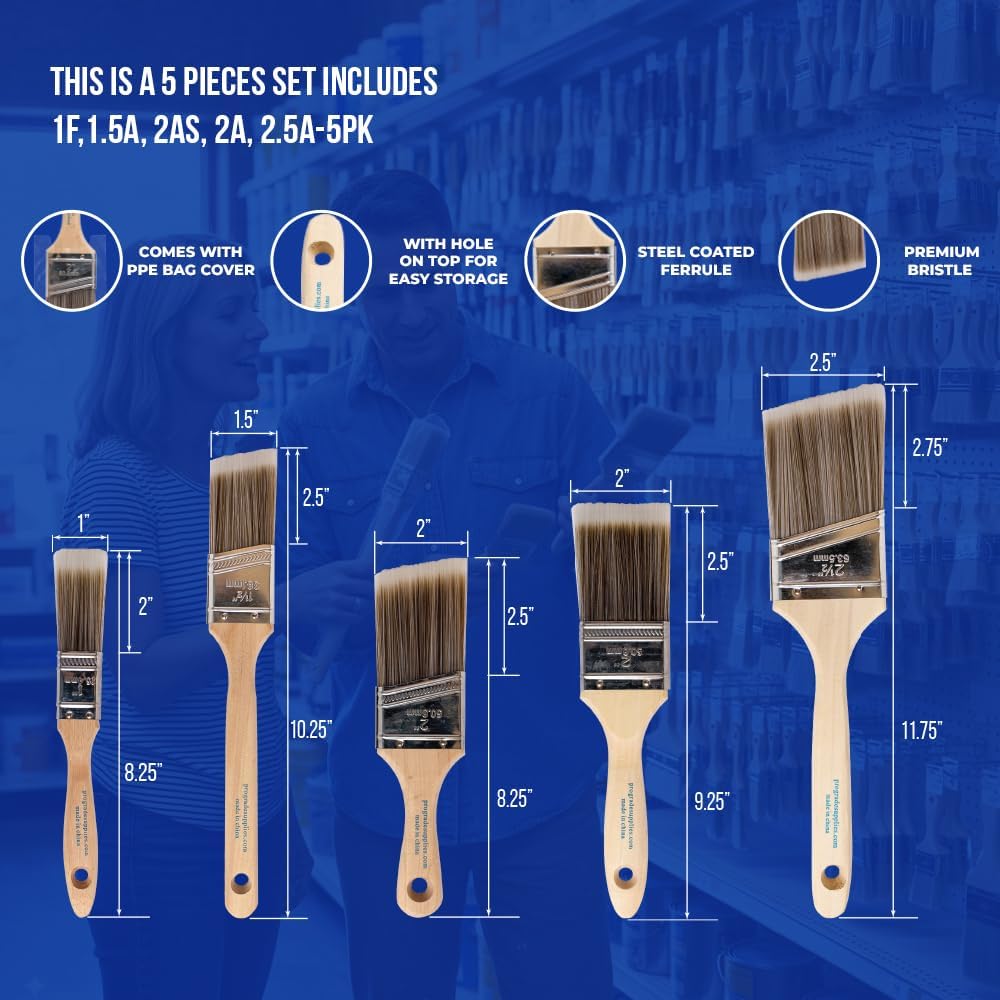 Pro Grade Paint Brushes, 5-Piece Paint Brush Set, Flat & Angle Brushes for Walls, Trim, Cabinets, Interior & Exterior Latex and Oil Paints, Stains