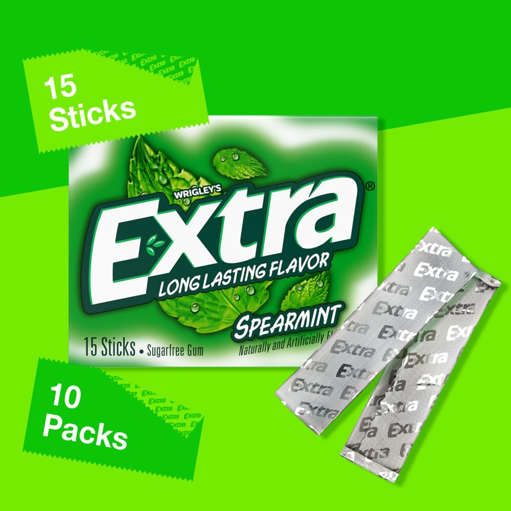 Extra Gum Spearmint Sugarfree Gum Bulk, Individually Wrapped, Perfect for Long Lasting Fresh Breath at School, Work & Travel 15 Count, Pack of 10