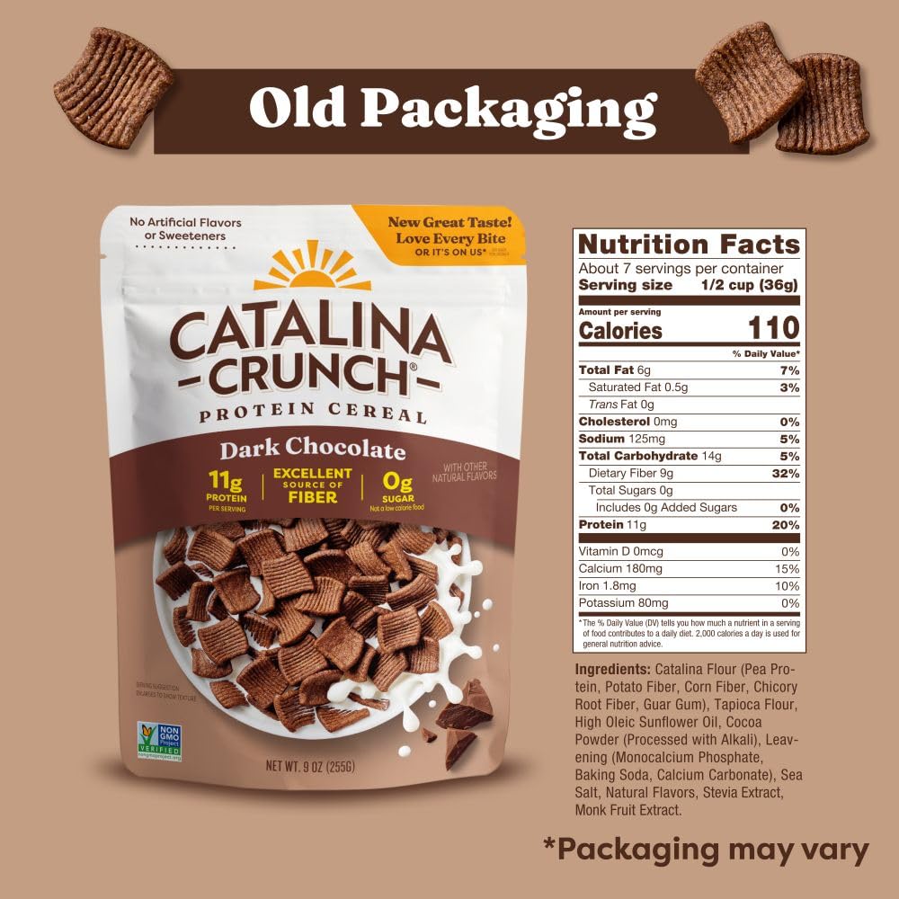 Catalina Crunch Protein Cereal - Sugar Free Breakfast Cereal with 11g of Protein - Gluten Free - Dark Chocolate - 9 oz. Bag (Pack of 1) (Packaging May Vary)