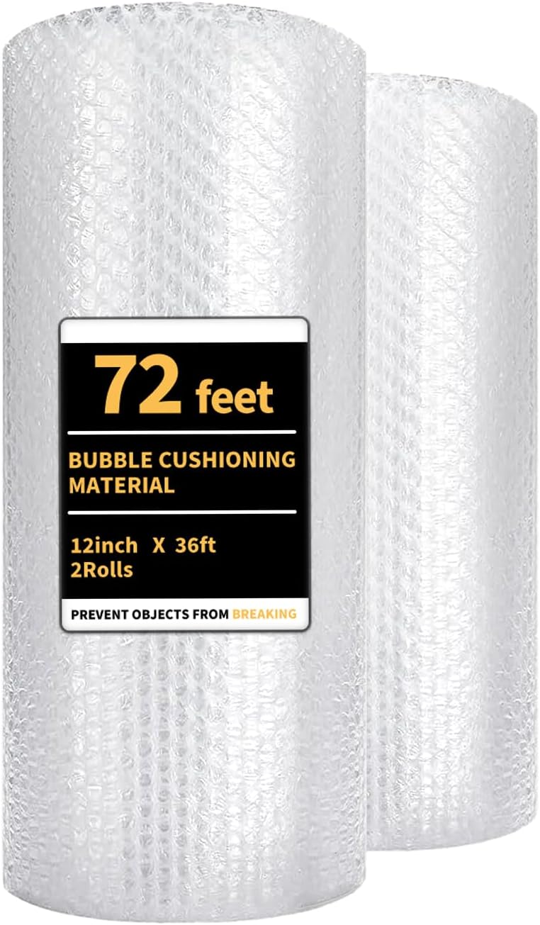 Bubble Cushioning Wrap 2 Pack 12 Inch x 72 ft Bubble Wrap for Packing，Moving Boxes and Shipping for Your Business，Perforated Every 12 in.Suitable for Filling Packaging Boxes.